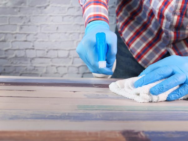 hand in blue rubber gloves holding spray bottle .